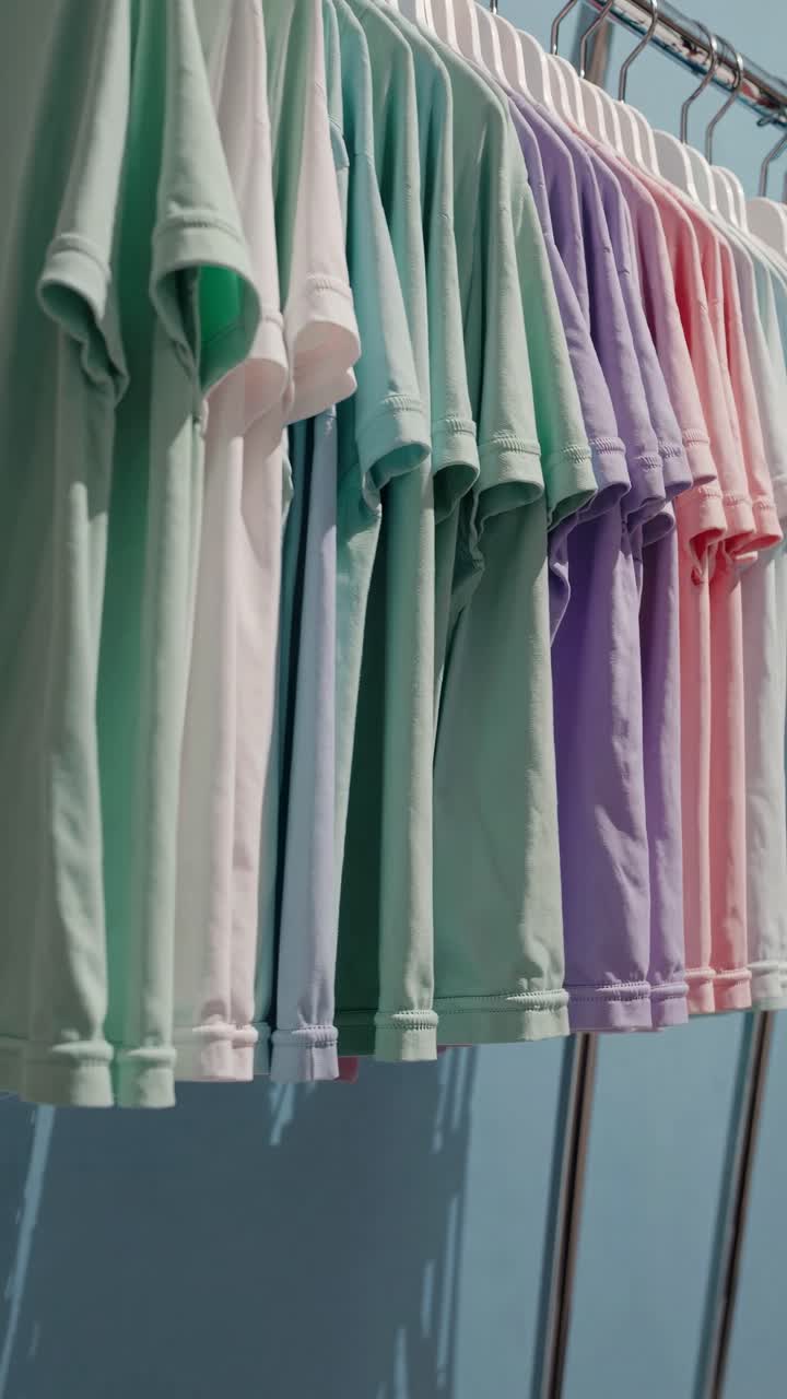 Aesthetic video concept showcasing pastel t-shirts on hangers. Shot from a low angle