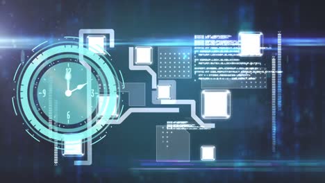 Animation-of-clock-moving-over-integrated-circuit-and-screen-with-diverse-data