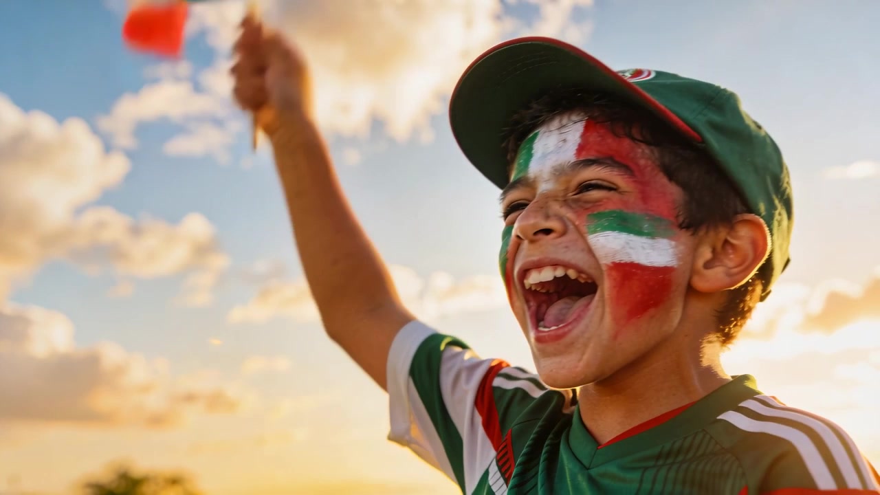 Niño animando reaccionando a un gol en un parque, ondeando la bandera mexicana con la cara pintada y camiseta verde.