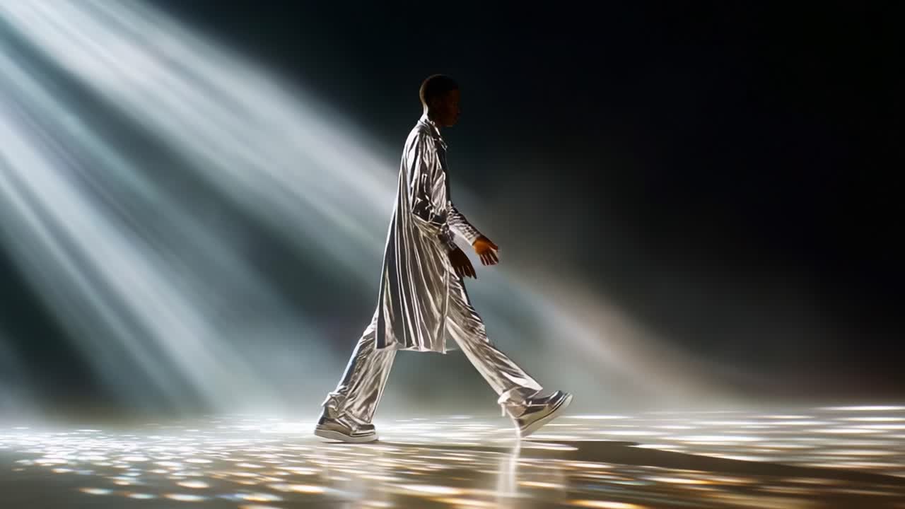A mesmerizing scene of a model gracefully walking under dramatic light beams, showcasing a stunning silver outfit that highlights elegance and modern fashion in a captivating atmosphere