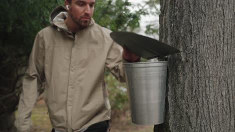 Detail-shot-of-maple-sugar-tap-with-bucket-of-water-run-during-spring