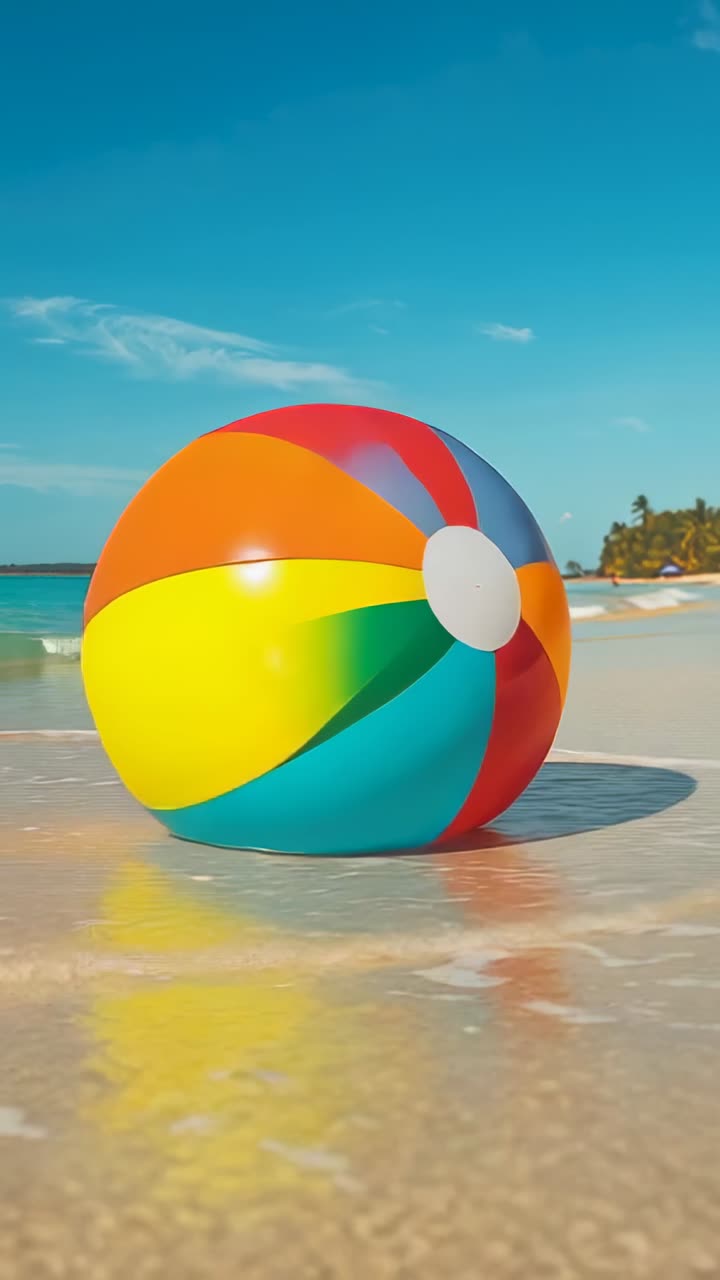 Video vertical: Pelota de playa multicolor rodando, revelando una válvula sobre arena mojada en la orilla, impulsada por el oleaje.