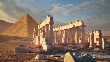 ancient path to egyptian pyramids on arid desert environment on sunset, with stones, pillars, and ruined walls, 3d animation perspective view