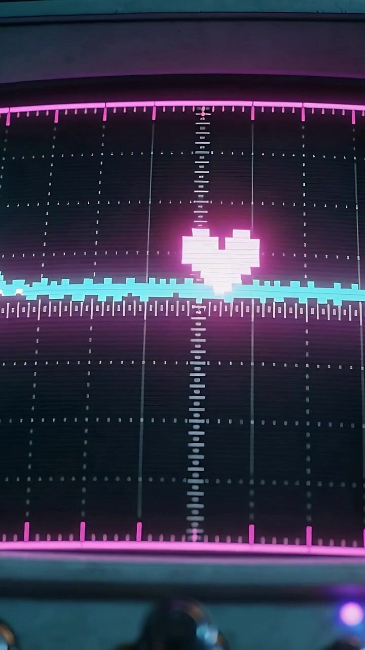 Vertical video: Pulsing pixel heart growing then settling on scope at rack as cyan waveform pulsing