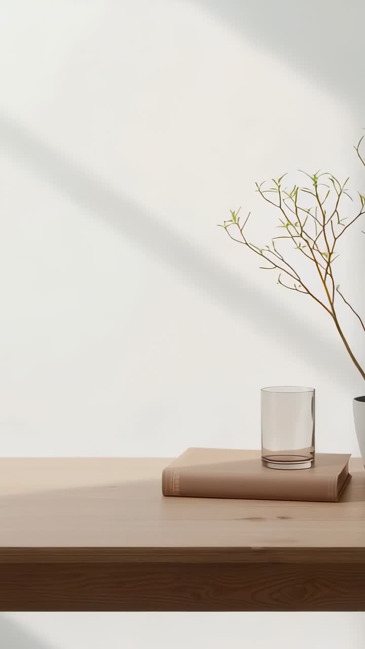 Vertical video: Sunlight shifting at home over table casting glass, book, plant shadows, copy space