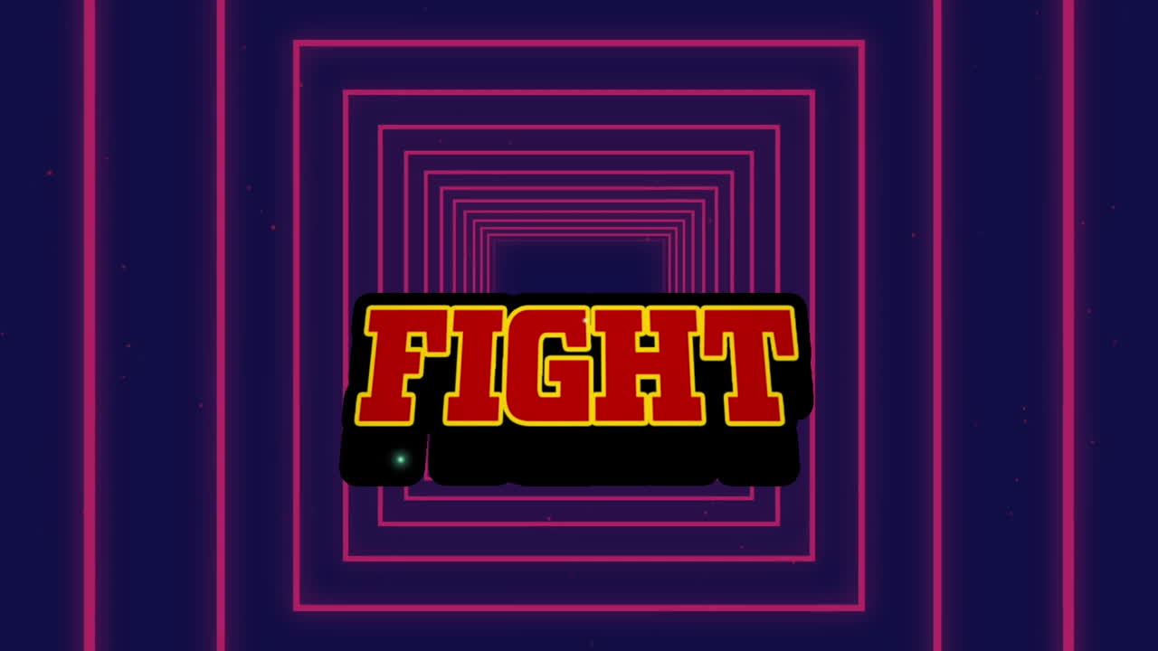 animación de un banner de texto de lucha sobre formas cuadradas rosadas en un patrón sin costuras sobre un fondo púrpura