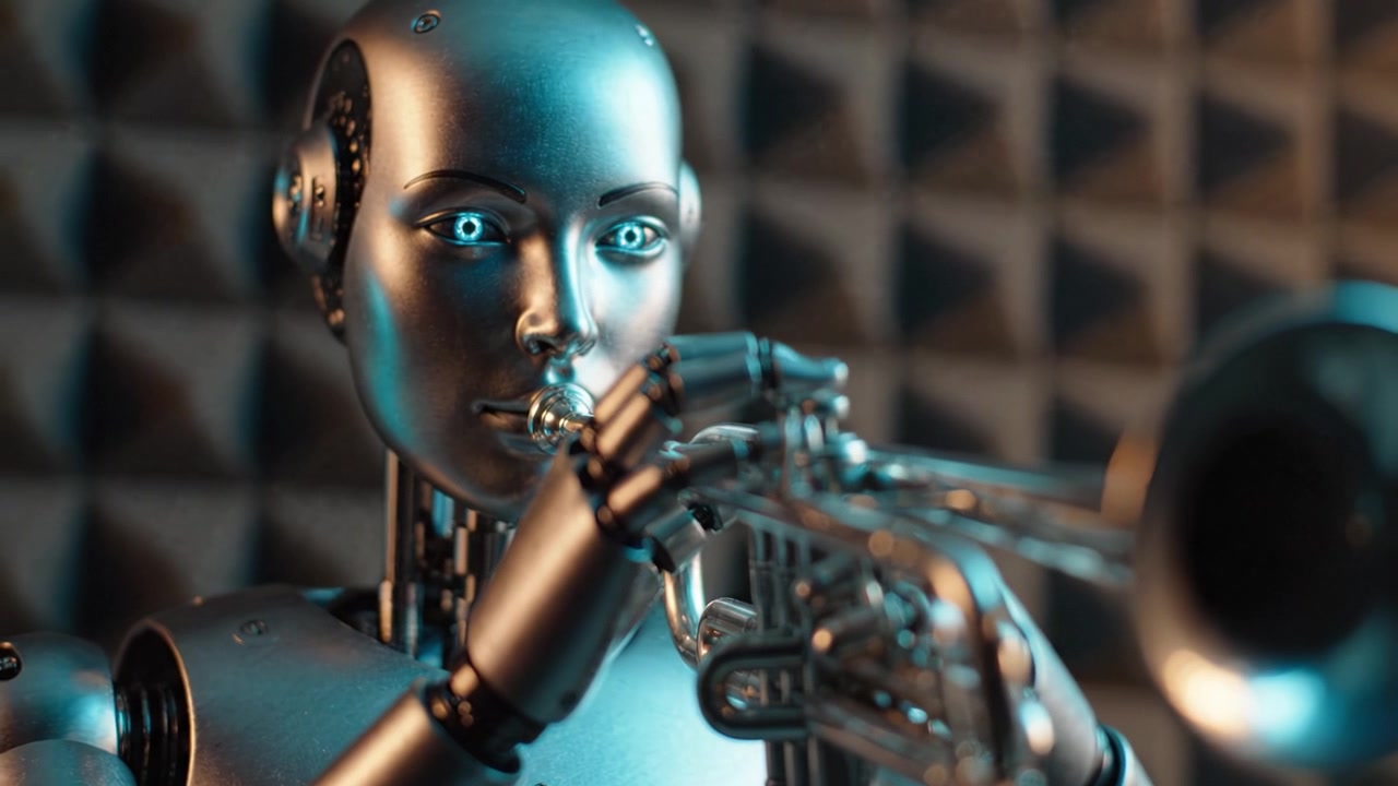 Un robot futuristico che suona la tromba in uno studio insonorizzato, mettendo in mostra robotica avanzata e talento musicale, fondendo tecnologia e arte.