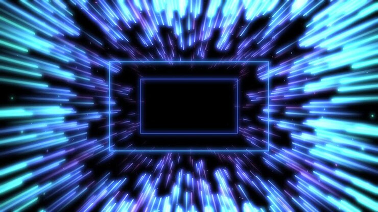 Sfondo blu astratto quadrangolare. Particelle verdi luminose sfumate formano linee, superfici, strutture a stringa come spazio virtuale o ologramma per schermo HUD