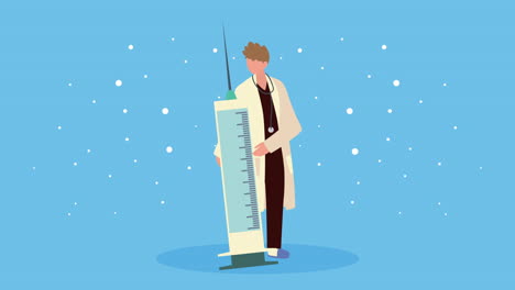 médico masculino levantando la jeringa de la vacuna