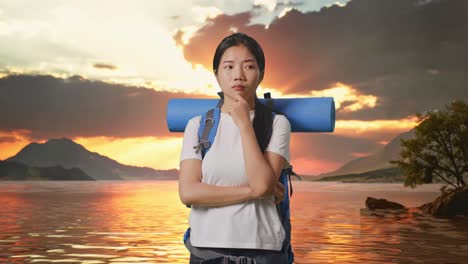 해가 지는 동안 산책하는 행복한 여자