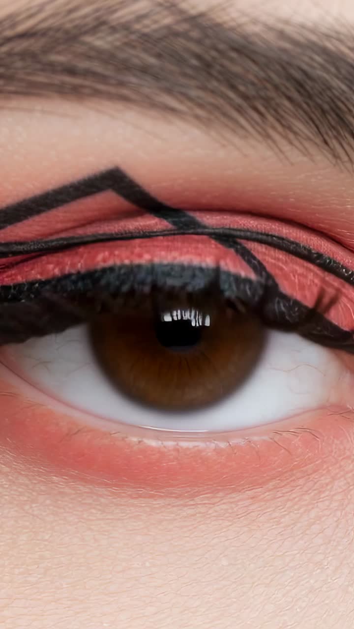 Vertical video: Opening right eye after light cue, showing coral lid and black liner in studio