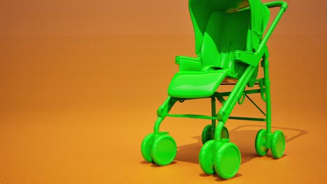 carrito de bebé verde en 3d sobre fondo naranja, animación en 3d, cámara que se aleja lentamente