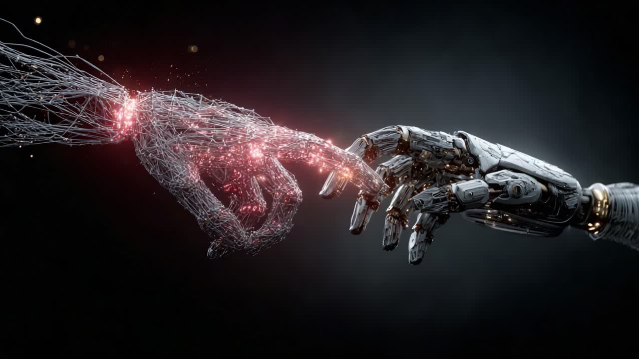 A Stunning Visual Representation of the Connection Between Humanity and Technology: A Robotic Hand Reaching Out to a Delicate Wire-Formed Hand, Highlighting the Fusion of Organic and Artificial Life