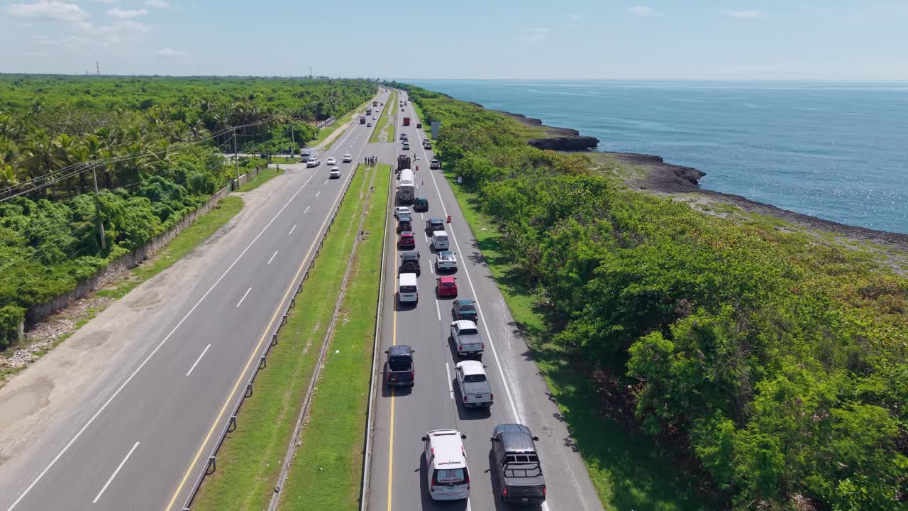 Long Line Of Cars On Highway, Traffic Jam Because Of An Accident In Las Americas Highway, Dominican Republic - Drone Shot
