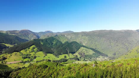 Aerial-panoramic-view-of-Takaka-hill-valley,-covered-in-bright-green-and-lush-vegetation,-New-Zealand