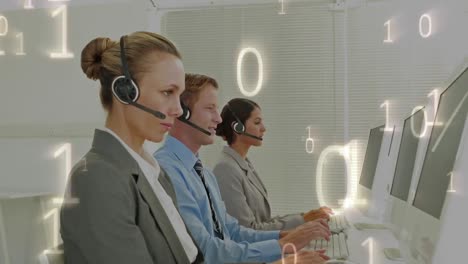 Animation-of-binary-code-over-business-people-wearing-headsets