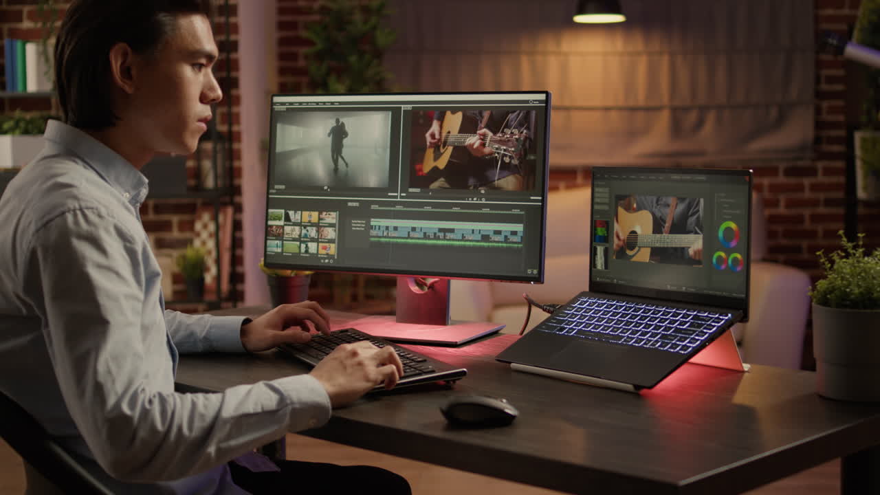 Man editing video on computer at home office