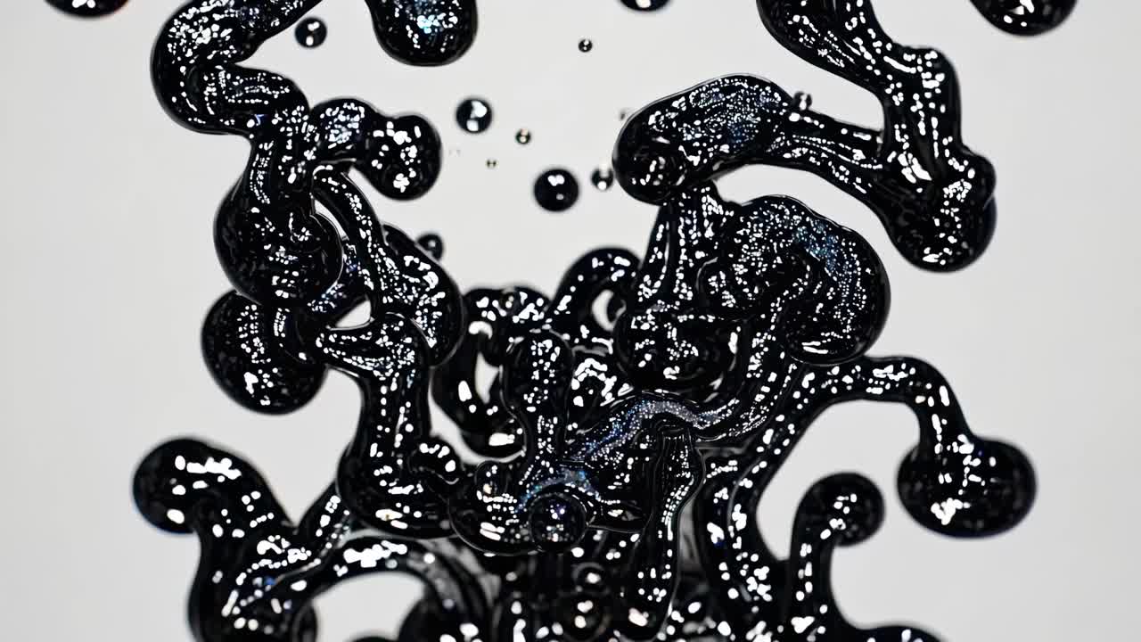 Abstract video of black liquid droplets and tendrils captured in mid-air from a low-angle