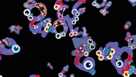 colorful cartoon monsters animate dynamically against a black background, creating a lively and whimsical visual experience