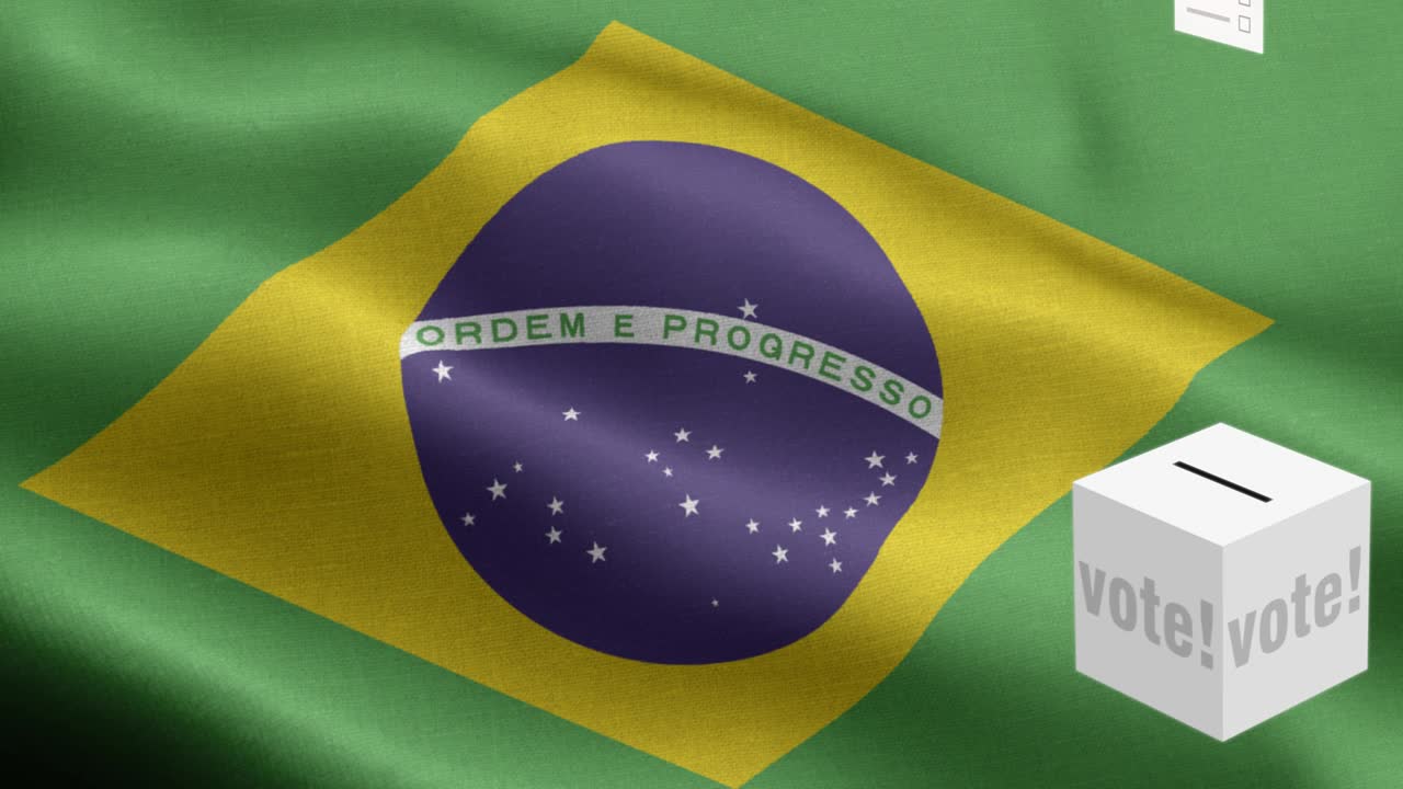 las papeletas de votación vuelan a la caja para la selección de brasil - caja de votación frente a la bandera - elección - voto - bandera de brasil - bandera del brasil de alto detalle - bandera nacional patrón de onda del brasil elementos en bucle - textura de tela y bucle sin fin