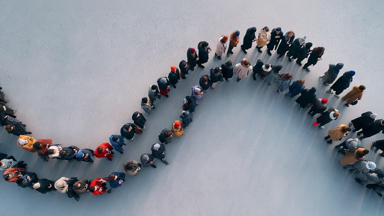 Aerial View of a Long, Winding Queue of People in a Public Space, Showcasing a Diverse Group Gathering with Varied Attire and Colors on a Smooth Surface