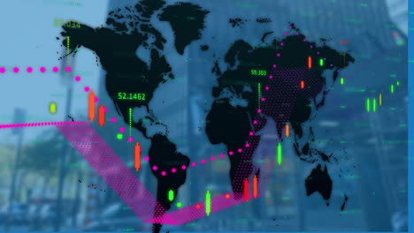 Animation-of-financial-data-processing-over-world-map-and-building