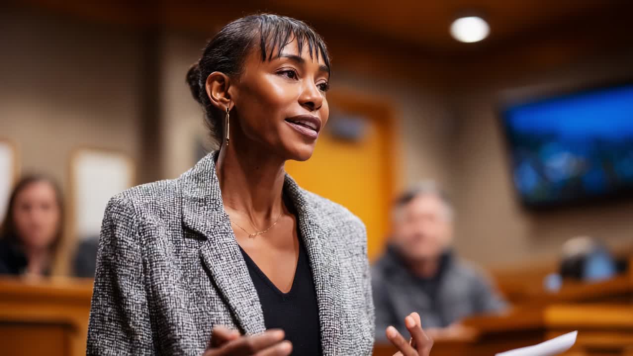 A confident woman speaks passionately in a courtroom setting, showcasing her strong presence and communication skills while engaging with the audience, emphasizing her importance in the legal discourse