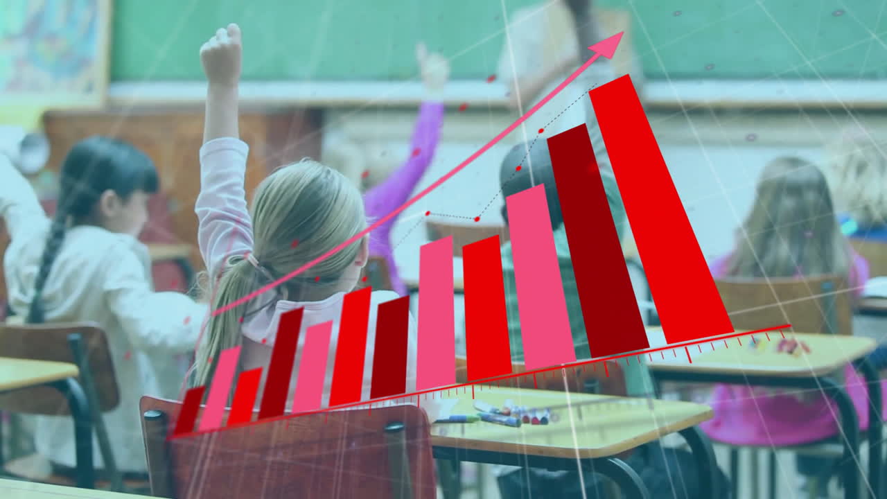 다양한 학교 학생과 여성 교사에 대한 금융 데이터 처리의 애니메이션