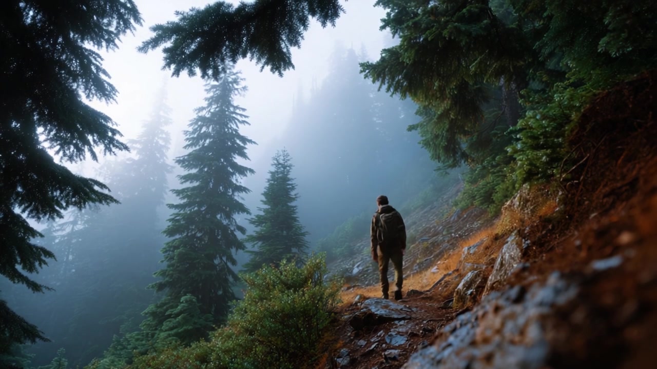 A solitary figure walks through a misty forest, surrounded by towering trees and a serene atmosphere, capturing the essence of nature and tranquility.
