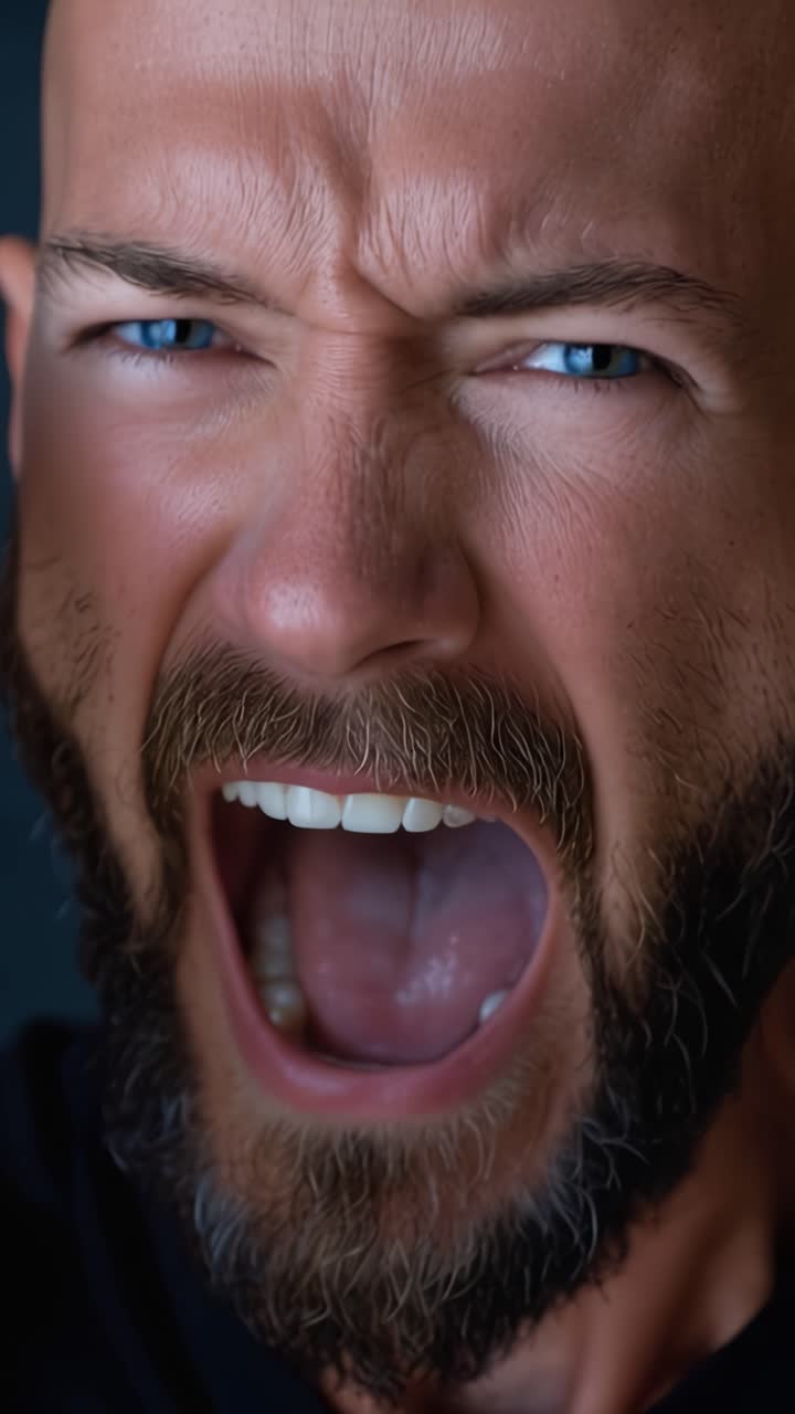 Intense Emotion Depicted in a Close-Up: A Bald Man with Blue Eyes Expressing Rage Through His Facial Features with an Emphasis on Anger and Passion