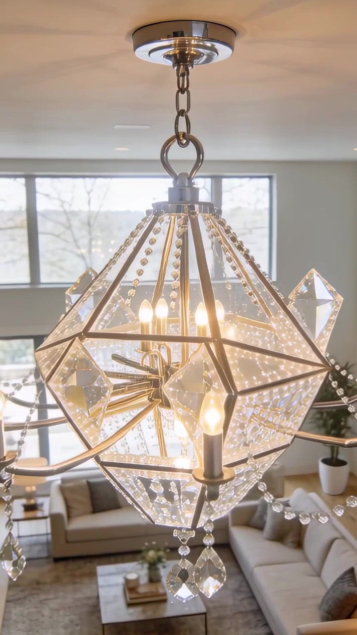 Video verticale: Panoramica della telecamera che rivela un lampadario di cristallo in un soggiorno a doppia altezza, mostrando un divano.