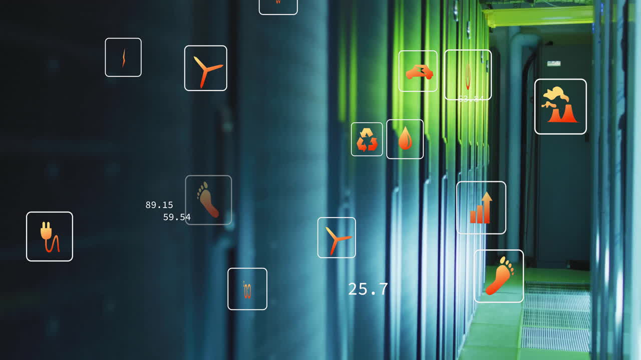 Animation of eco icons and digital data processing over computer servers
