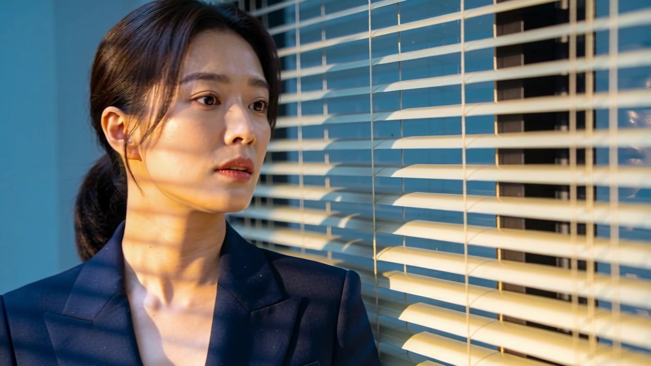 줄무늬 빛에 반응하여 블라인드 틈으로 엿보며 머리카락을 정리하는 블레이저를 입은 아시아인 임원, 카피 공간.