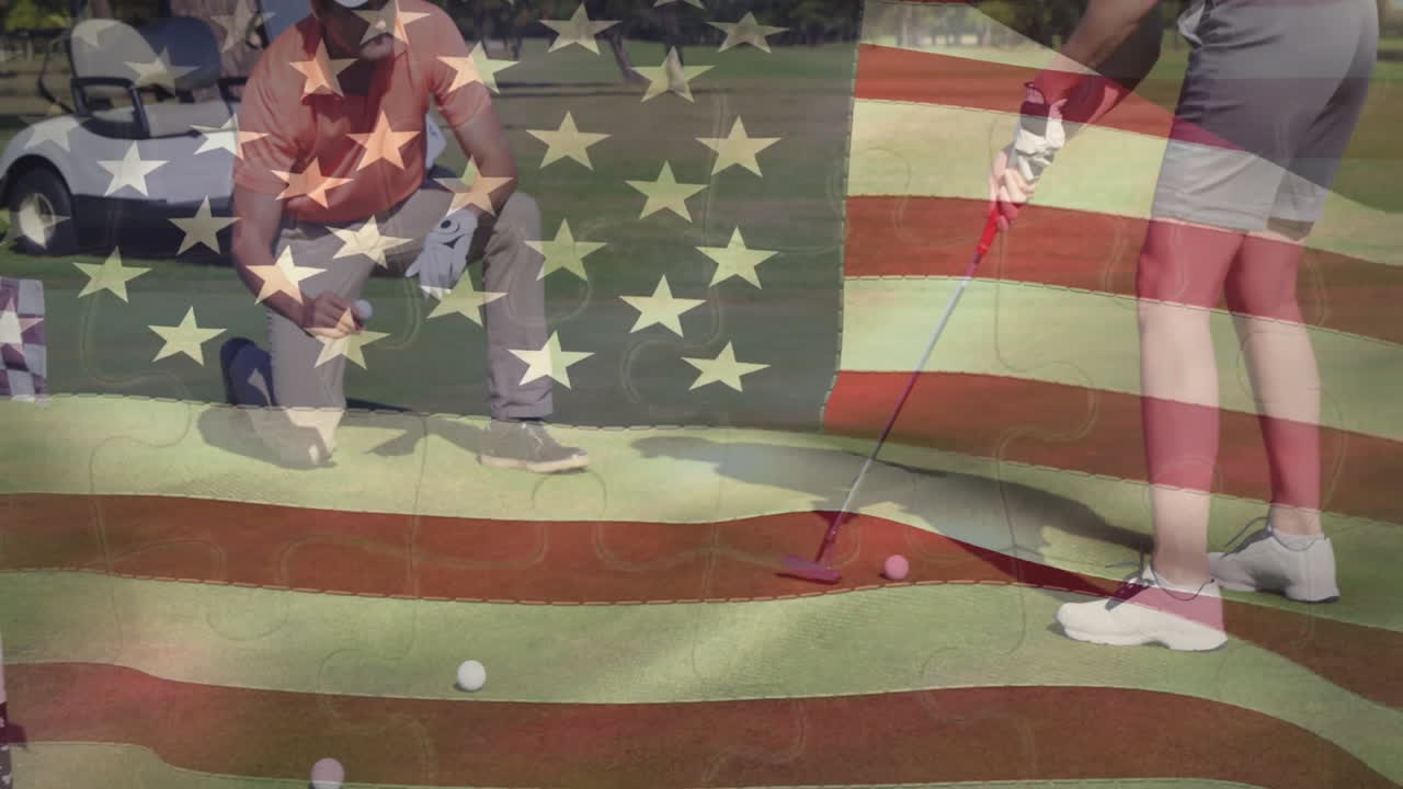 Man kneeling lining up ball, woman preparing putt on green with American flag overlay in sports