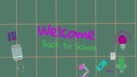 animación del texto de bienvenida a la escuela y los iconos escolares sobre fondo verde