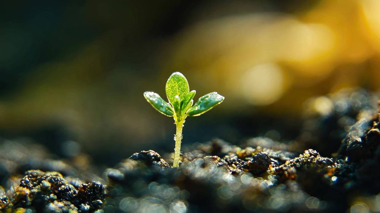 Small Green Sprout Growing in Soil with Gentle Rain