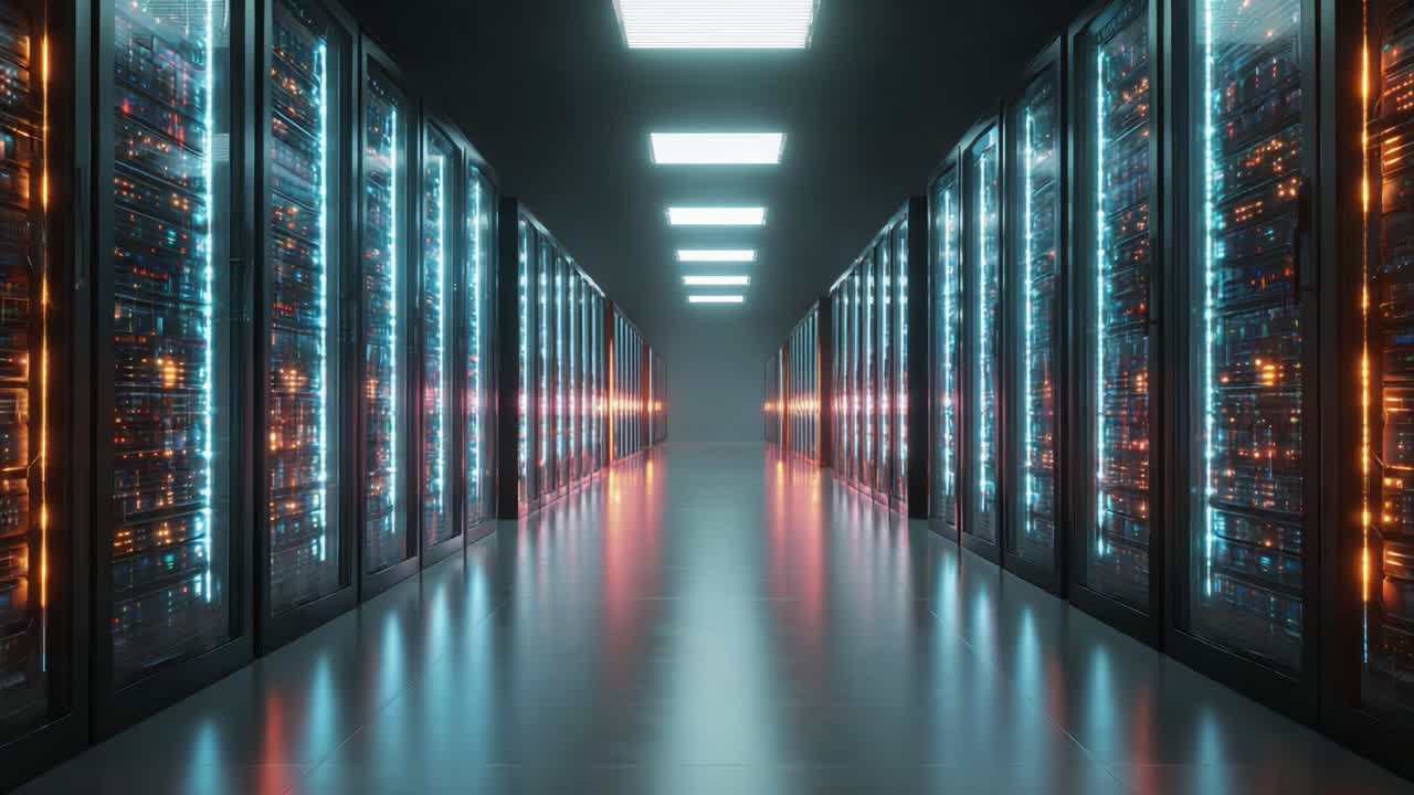 Aerial View of a Modern Data Center with Server Racks Illuminated by LED Lights, Showcasing Advanced Technology Infrastructure in a Futuristic Setting