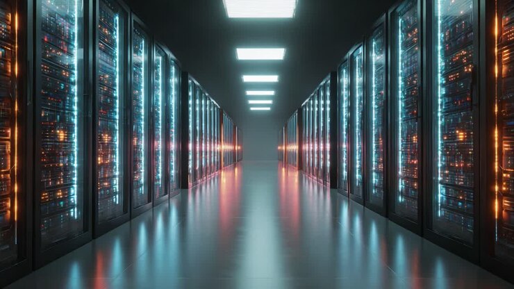 Aerial View of a Modern Data Center with Server Racks Illuminated by LED Lights, Showcasing Advanced Technology Infrastructure in a Futuristic Setting