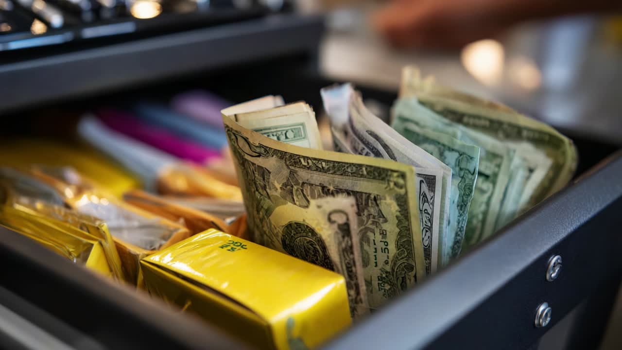 A detailed view of a cash register drawer showcasing a variety of denominations of dollar bills alongside colorful compartments filled with miscellaneous items, exemplifying the everyday operations of a retail environment