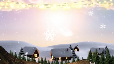 animation of snowflakes falling over houses and christmas lights in winter landscape