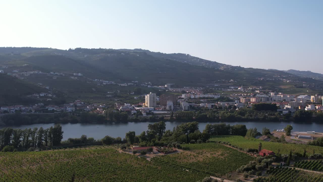 aerial landscape of Regua showing vineyards by the Douro River and surrounding hills in Portugal