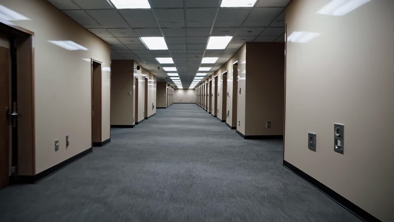 A wide-angle shot of a long, empty hallway with fluorescent lighting, creating a surreal, endless