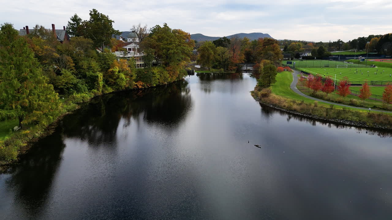 Paradise Pond at Smith college in the Spring, aerial establishing