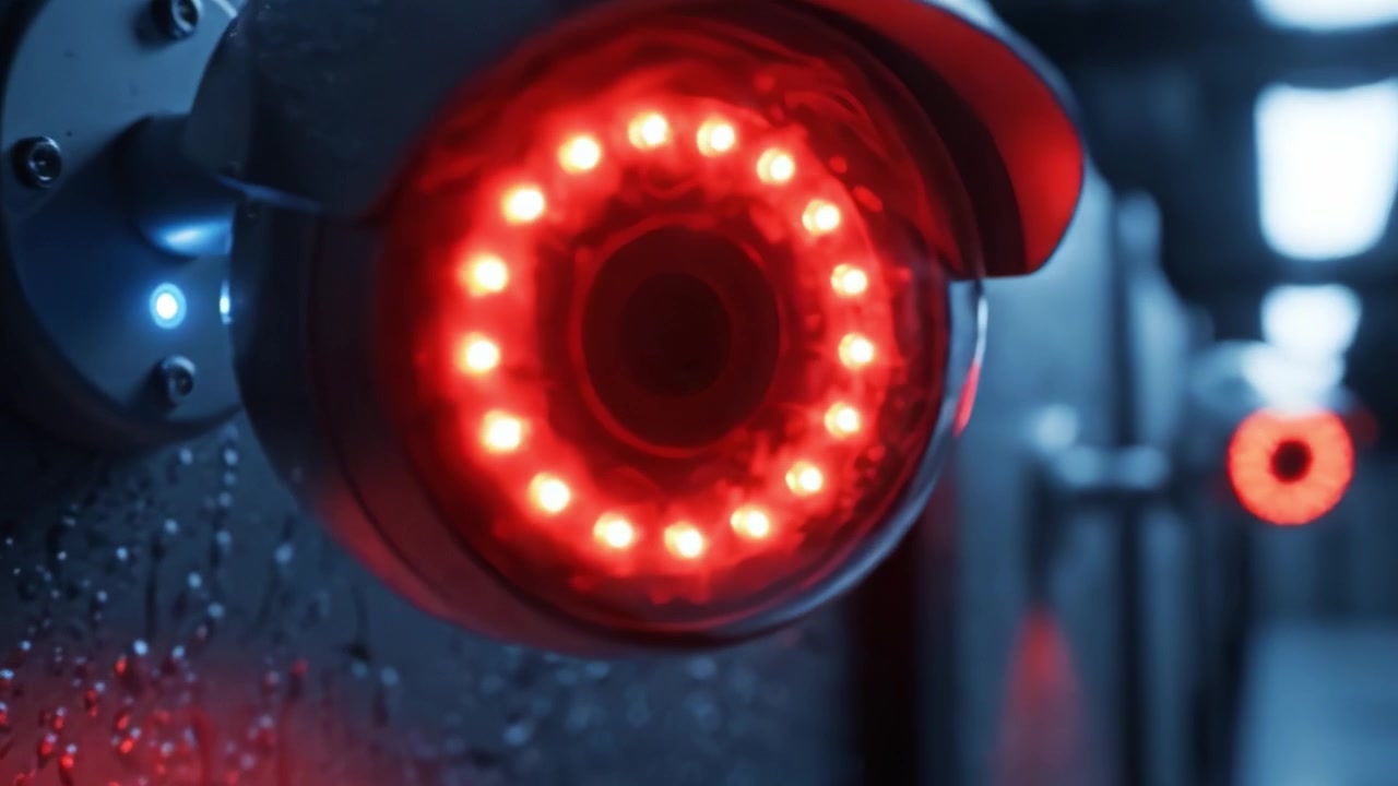 A Close-Up View of a Surveillance Camera Illuminated with Red LEDs, Capturing the Intricacies of Security Technology Against a Glossy Background