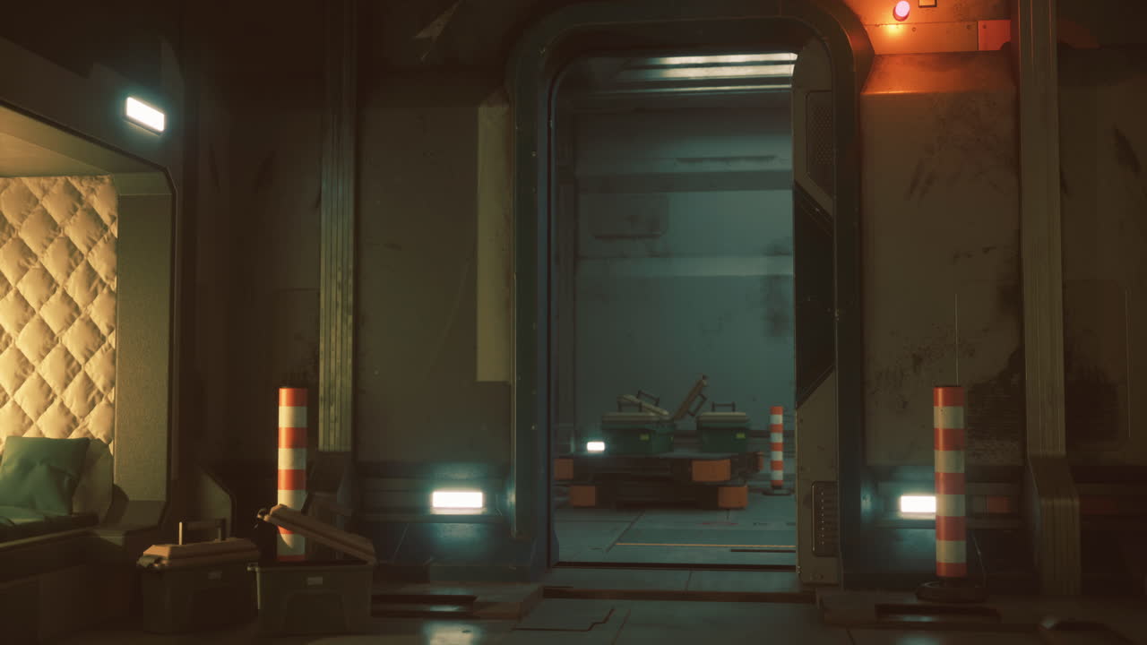 Interior of a futuristic storage room with glowing lights and machinery