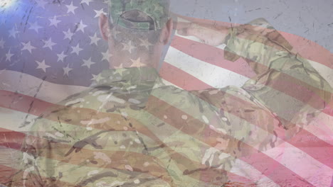 animation of soldier saluting over american flag