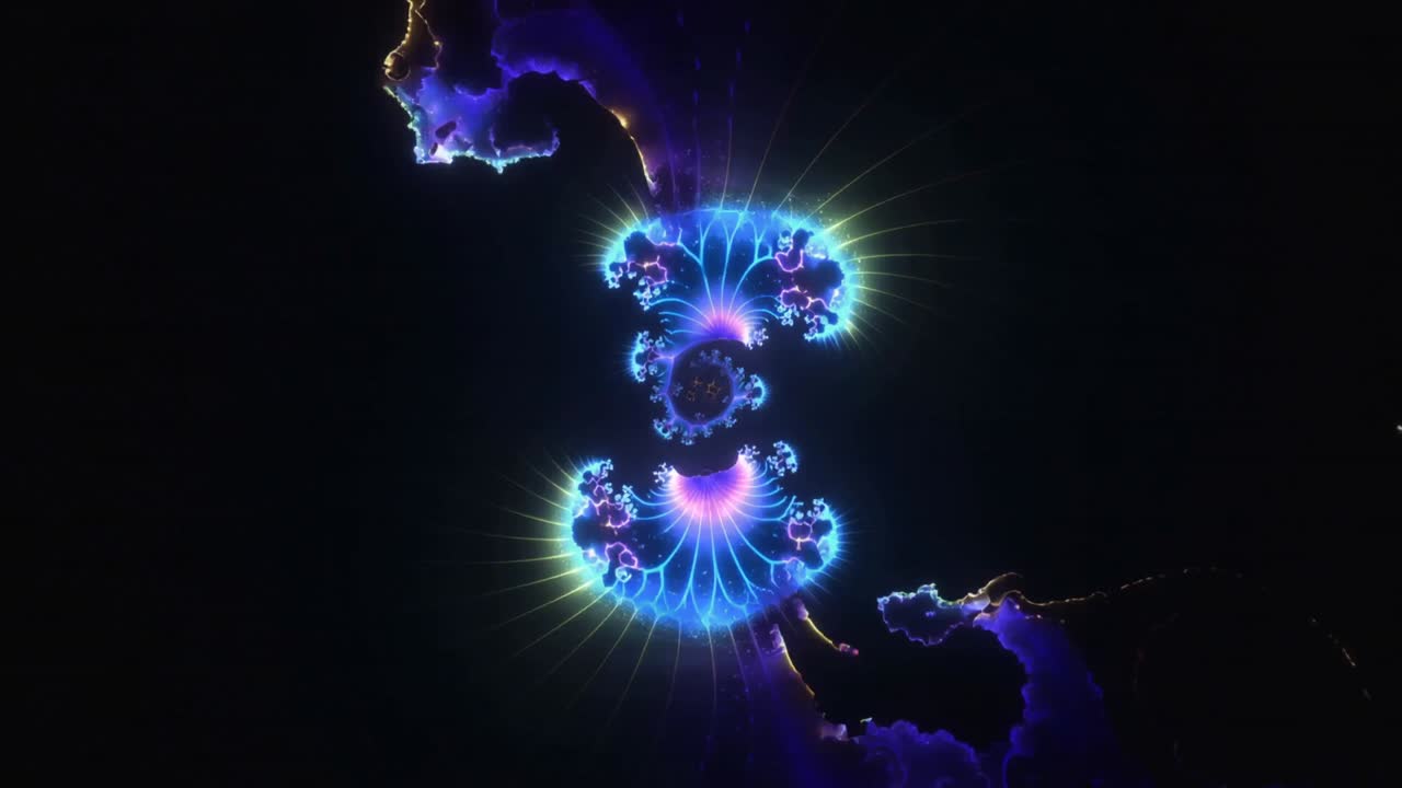 Starting camera zooming, revealing fractal detail against black void with ringed voids and filament