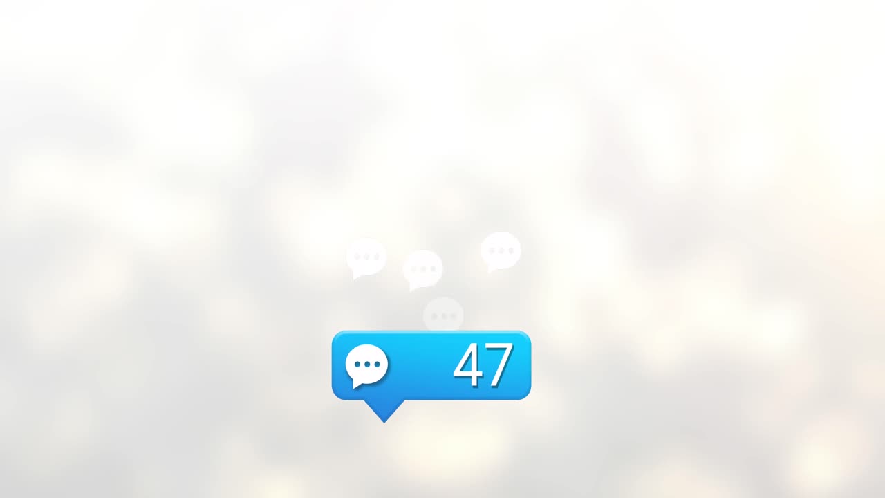 Animation of increasing social media chat notification over white bokeh sunlight light spots