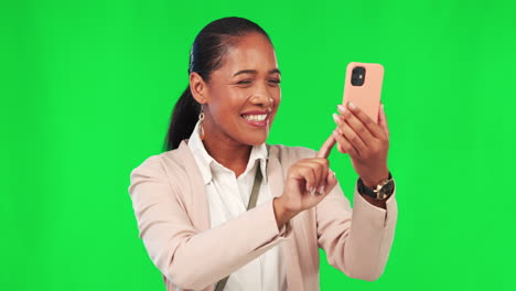 Business-woman,-phone-and-video-call-on-green