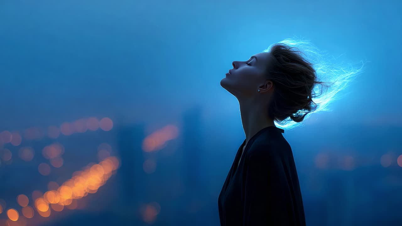 A Serene Moment: A Profile View of a Young Woman Against a Dark Blue City Skyline, Illuminated by Flickering City Lights, Capturing a Feeling of Calmness and Reflection